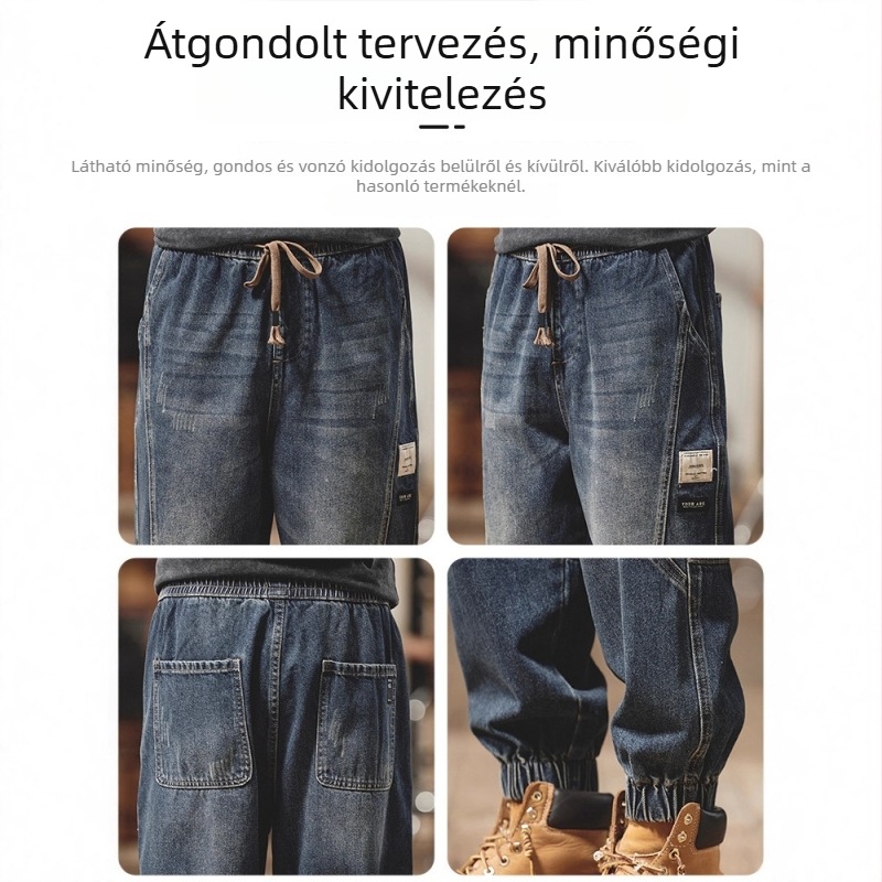 Férfiaknak készült amerikai retro munkás denimnadrág, lazított szabás, középmagas derék, kötős zárás, tavasz–ősz 2025