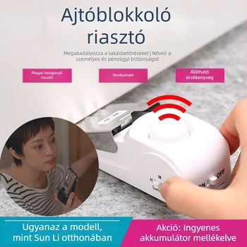 Biztonsági ajtózár-riasztó, lopás elleni, hordozható otthonra és szállodába