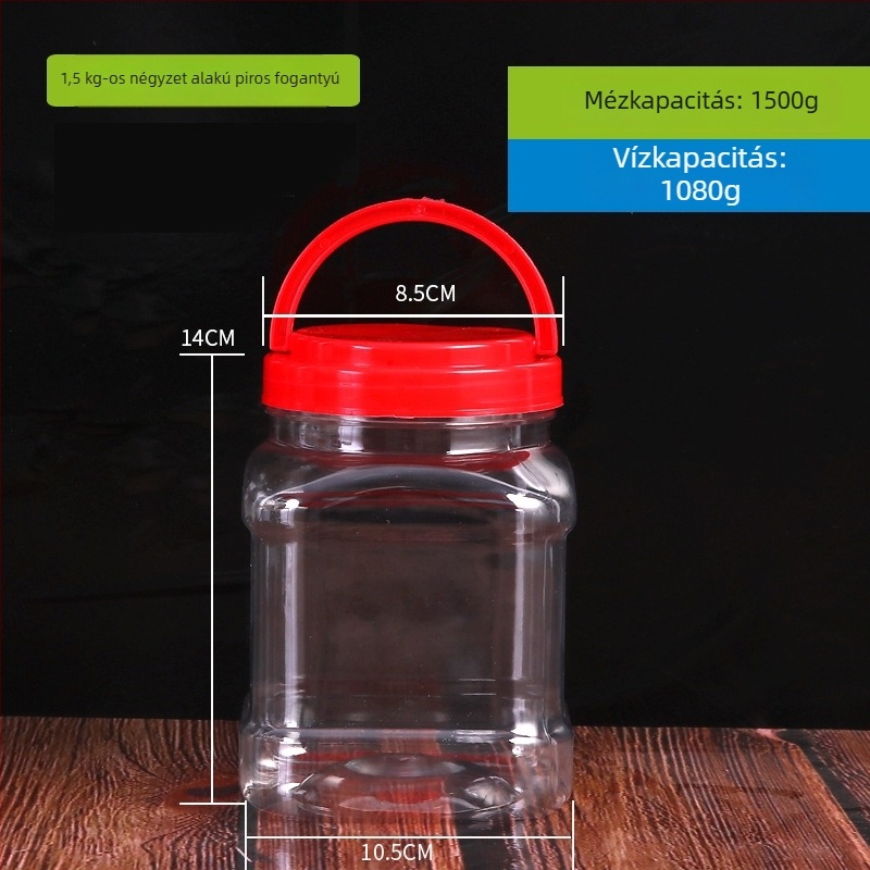 1,5 kg kapacitású átlátszó műanyag tárolóedény háztáji kedvencek eledeléhez, sárga vagy piros kupakkal