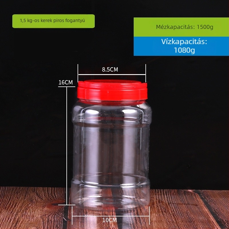 1,5 kg kapacitású átlátszó műanyag tárolóedény háztáji kedvencek eledeléhez, sárga vagy piros kupakkal
