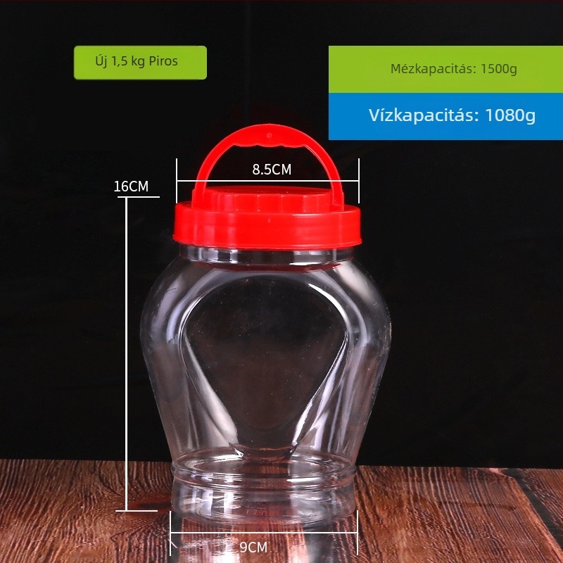1,5 kg kapacitású átlátszó műanyag tárolóedény háztáji kedvencek eledeléhez, sárga vagy piros kupakkal