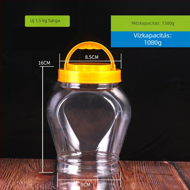 1,5 kg kapacitású átlátszó műanyag tárolóedény háztáji kedvencek eledeléhez, sárga vagy piros kupakkal