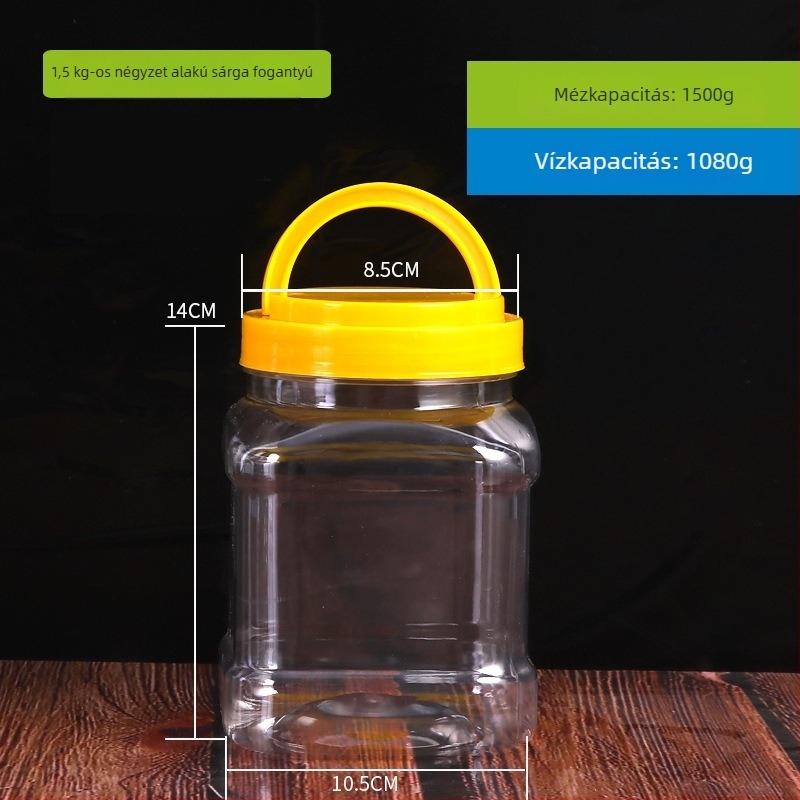 1,5 kg kapacitású átlátszó műanyag tárolóedény háztáji kedvencek eledeléhez, sárga vagy piros kupakkal