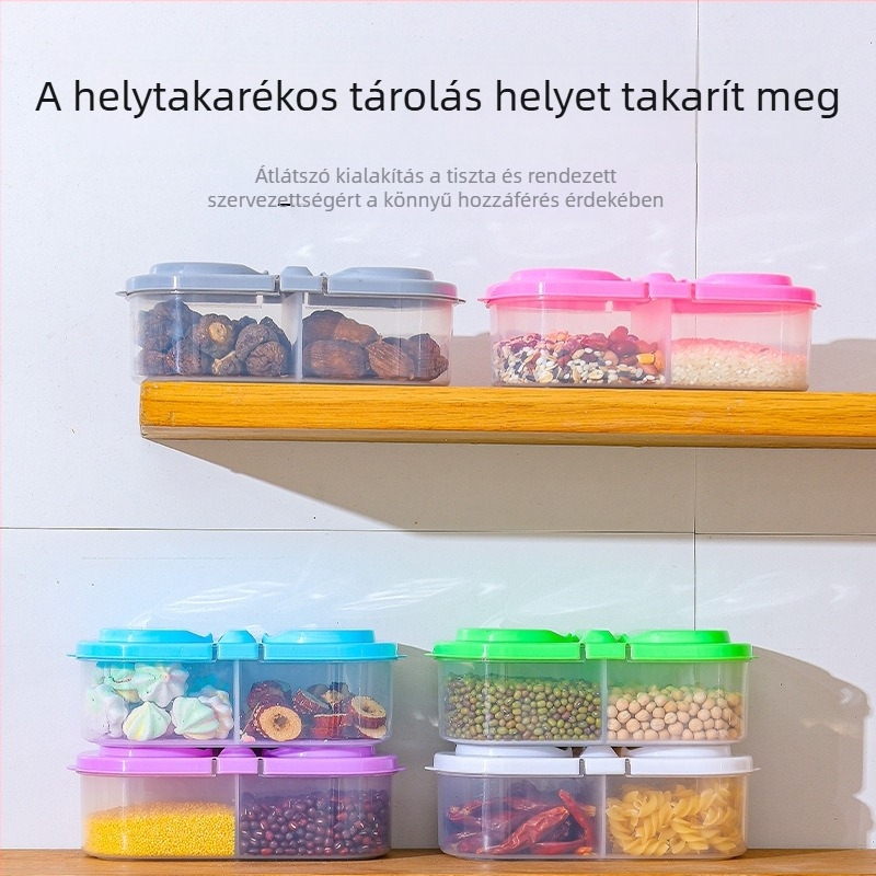 Két rekesz es fedéllel ellátott konyhai tároló – élelmiszerek és gabonák számára, műanyag, többfunkciós