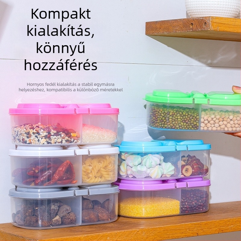 Két rekesz es fedéllel ellátott konyhai tároló – élelmiszerek és gabonák számára, műanyag, többfunkciós