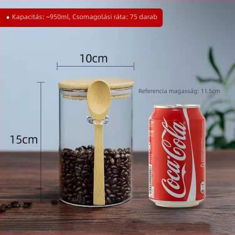 Kör alakú üveg edény bambusz fedővel és kanállal, átlátszó tároló fűszerekhez, gabonához és aszalt gyümölcsökhöz.