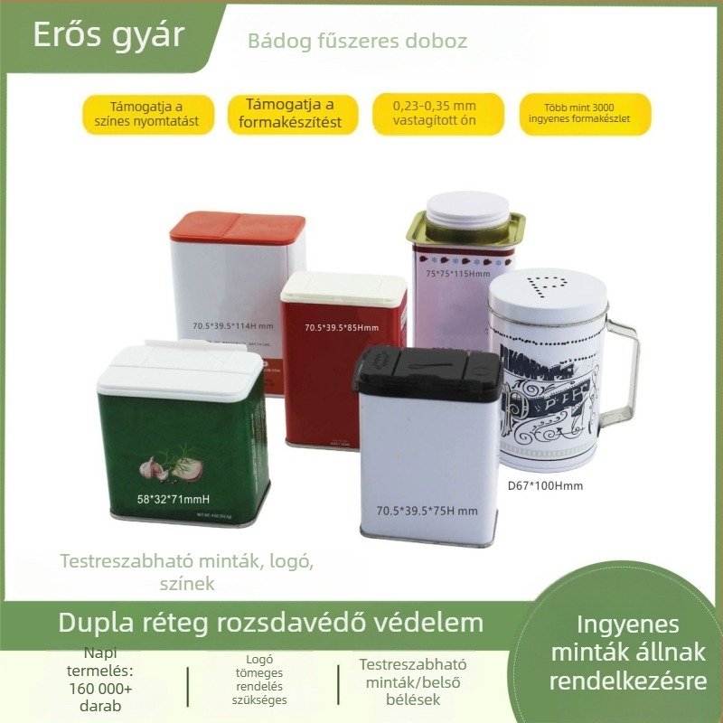 Négyzet alakú zárt fémdoboz őrölt bors számára, fogantyúval