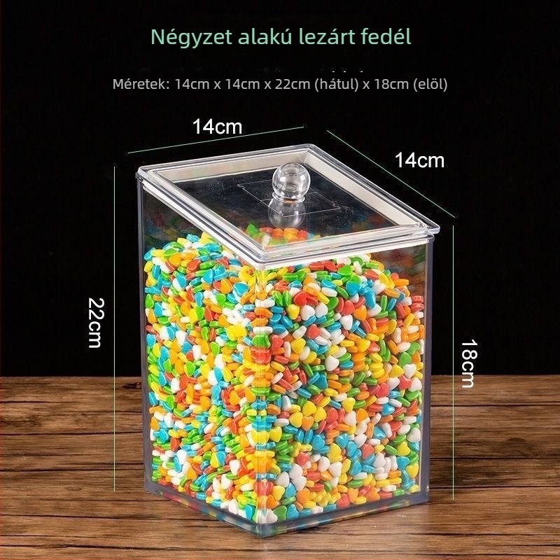 Műanyag lezáró üvegek cukorkához és aszalt gyümölcsökhöz, átlátszó kerek bemutató doboz gabonafélékhez