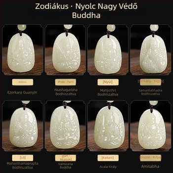 Természetes Hetian jade – uniszex nyaklánc Budha születési évét jelképező medál, Manjushri Bodhisattva, Samantabhadra és Guanyin