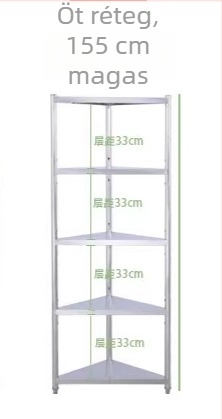 Rozsdamentes acélból készült konyhai háromszög alakú sarokállvány, álló kivitel, 5 szinttel a fazékok, serpenyők és tálak számára.