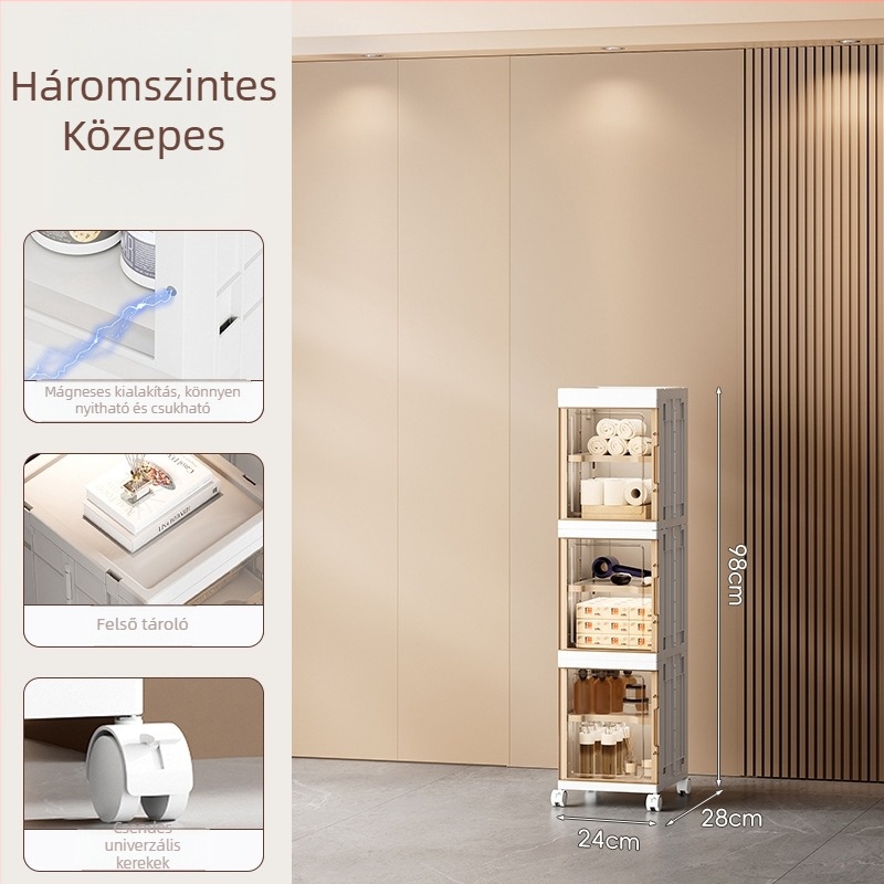 Görgőkön mozgó megerősített tároló szekrény, összecsukható háztartási rendező négy polccal, gyerek gardrób, konyhai tároló szekrény, hálószobai polc