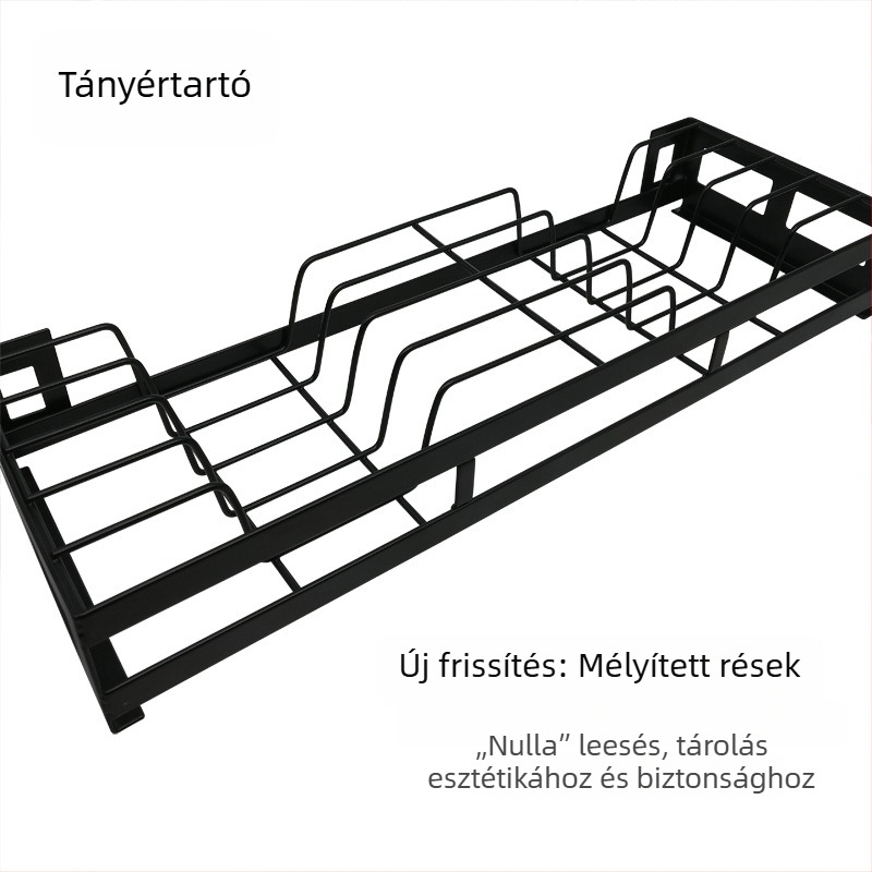 Fekete rozsdamentes acél edényállvány, falra szerelhető konyhai tároló, fúrás nélkül