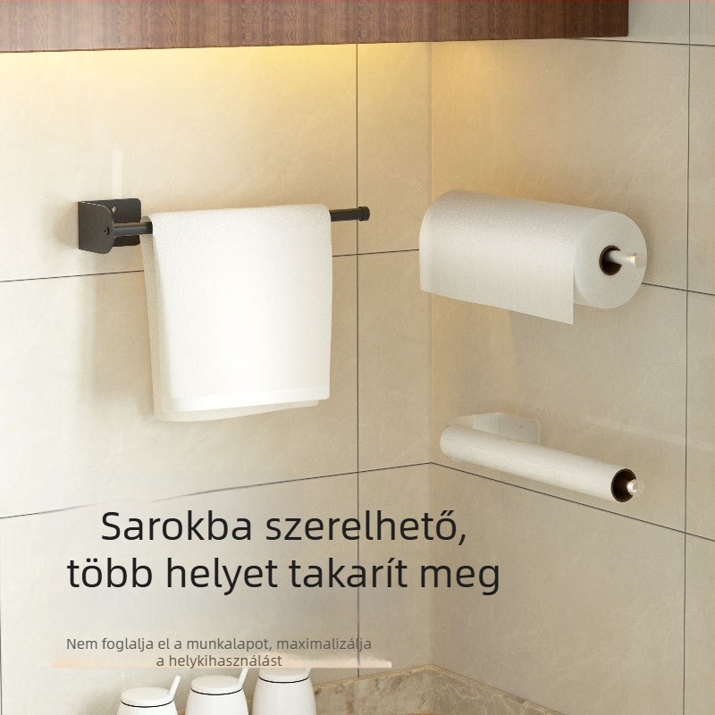 Falra szerelhető rozsdamentes acél tárolóállvány fóliához, konyhai papírtörlőhöz, tekercs papírokhoz, rongyokhoz és olajat felszívó papírokhoz