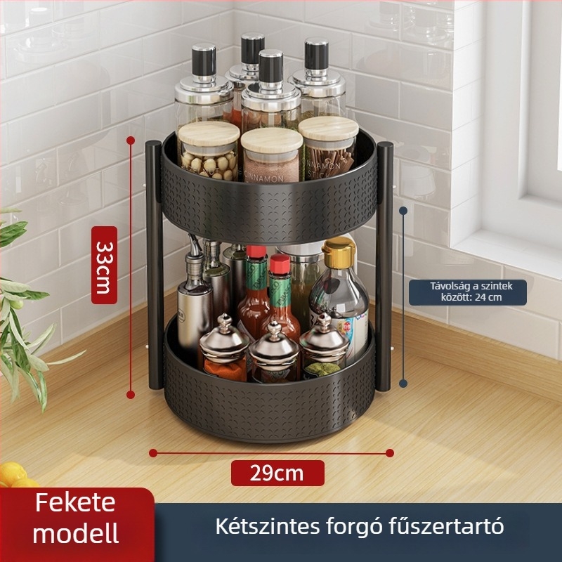 360°-os forgó konyhai fűszerpolc a munkalap sarkában – olaj, só, szósz és ecet üvegek tárolása