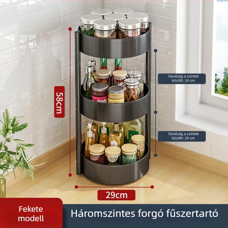 360°-os forgó konyhai fűszerpolc a munkalap sarkában – olaj, só, szósz és ecet üvegek tárolása