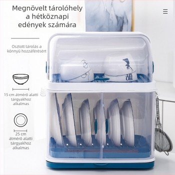 Konyhai tárolópolc tálak és edények számára, fedéllel, kettős rétegű műanyag rendező és csöpögtető