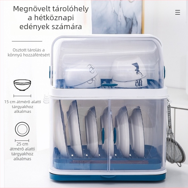 Konyhai tárolópolc tálak és edények számára, fedéllel, kettős rétegű műanyag rendező és csöpögtető