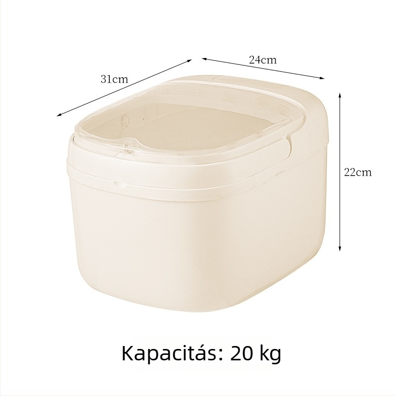 Nagy kapacitású, zárt műanyag szemestermény-tárolóedény fedéllel — por- és nedvességálló, rovarmentes (rizs, gabonafélék, macskaeledel)
