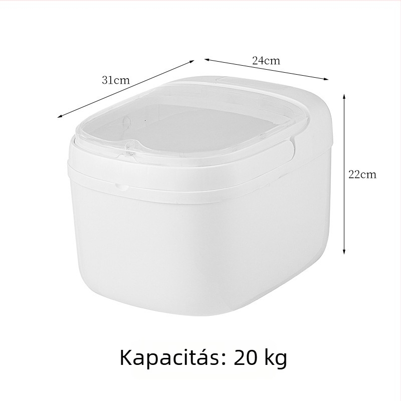 Nagy kapacitású, zárt műanyag szemestermény-tárolóedény fedéllel — por- és nedvességálló, rovarmentes (rizs, gabonafélék, macskaeledel)