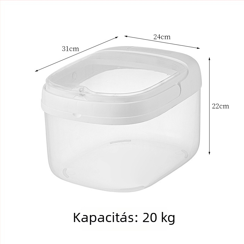 Nagy kapacitású, zárt műanyag szemestermény-tárolóedény fedéllel — por- és nedvességálló, rovarmentes (rizs, gabonafélék, macskaeledel)