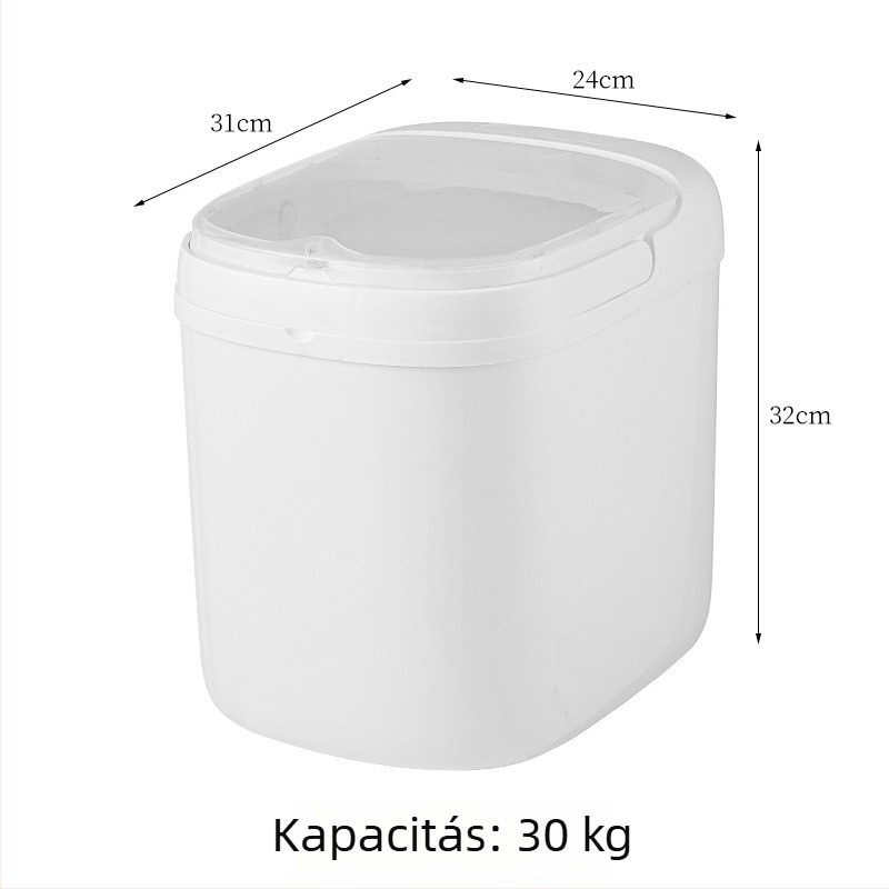 Nagy kapacitású, zárt műanyag szemestermény-tárolóedény fedéllel — por- és nedvességálló, rovarmentes (rizs, gabonafélék, macskaeledel)