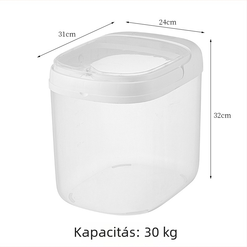 Nagy kapacitású, zárt műanyag szemestermény-tárolóedény fedéllel — por- és nedvességálló, rovarmentes (rizs, gabonafélék, macskaeledel)