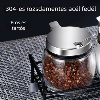 Ólommentes üvegből készült fűszertartó és sótartó készlet, konyhai tároló rozsdamentes acélkanállal, nedvességálló