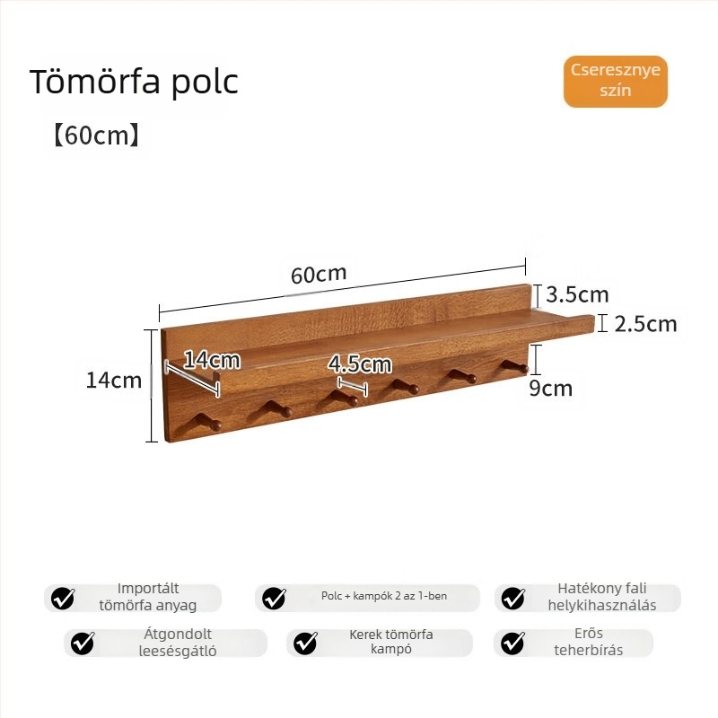 Falra szerelhető tömörfa tároló ruhatartóval és két szintű polccal, elválasztó panellel, fúrás nélküli felszerelés