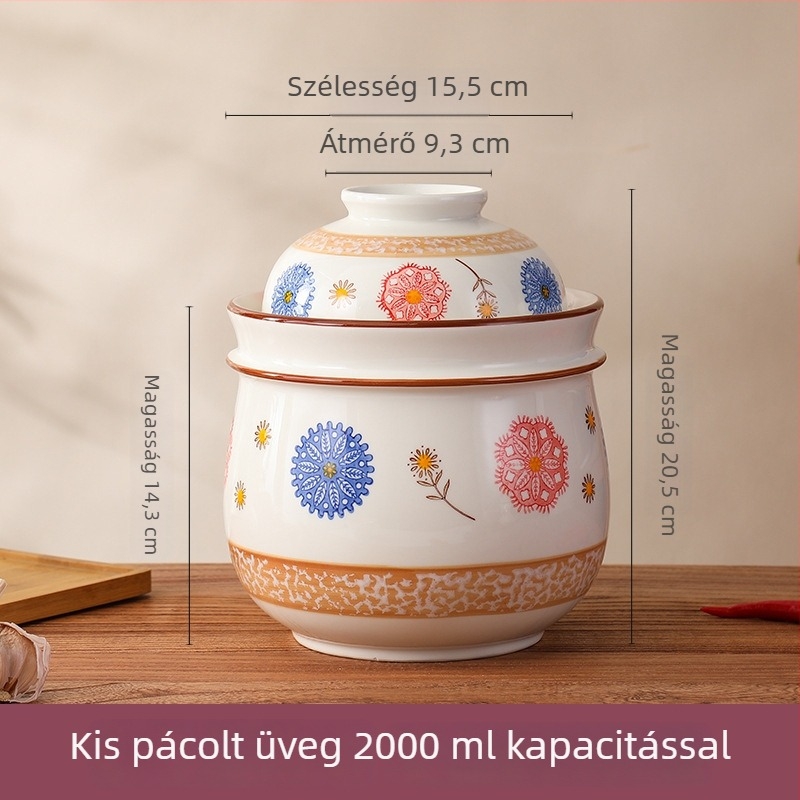 Kerámia savanyúságos tároló belső fedéllel, kínai stílus, kapacitás 2,1–3 l, mikrohullámú sütőben használható
