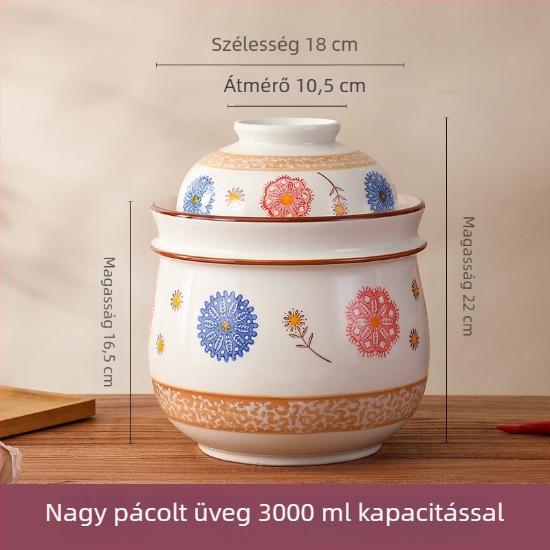 Kerámia savanyúságos tároló belső fedéllel, kínai stílus, kapacitás 2,1–3 l, mikrohullámú sütőben használható
