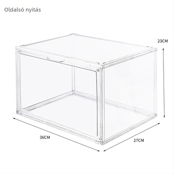 Átlátszó mágneses akril cipő tároló doboz sportcipőkhöz, oxidáció elleni védelemmel és porálló kialakítással, méretek 36×27×23 cm, 10 darabos készlet.
