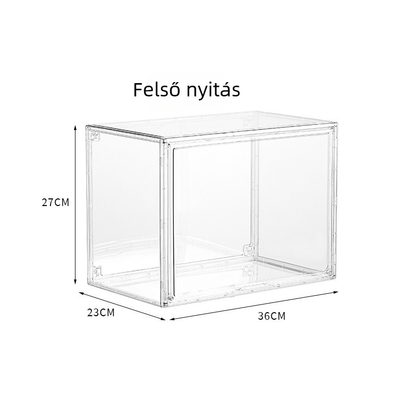 Átlátszó mágneses akril cipő tároló doboz sportcipőkhöz, oxidáció elleni védelemmel és porálló kialakítással, méretek 36×27×23 cm, 10 darabos készlet.