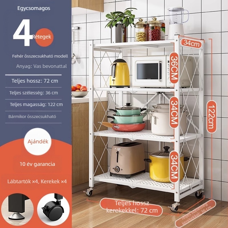 Háromszintes összecsukható padlóra álló tároló konyha és nappali számára, fém, szerelés nélkül