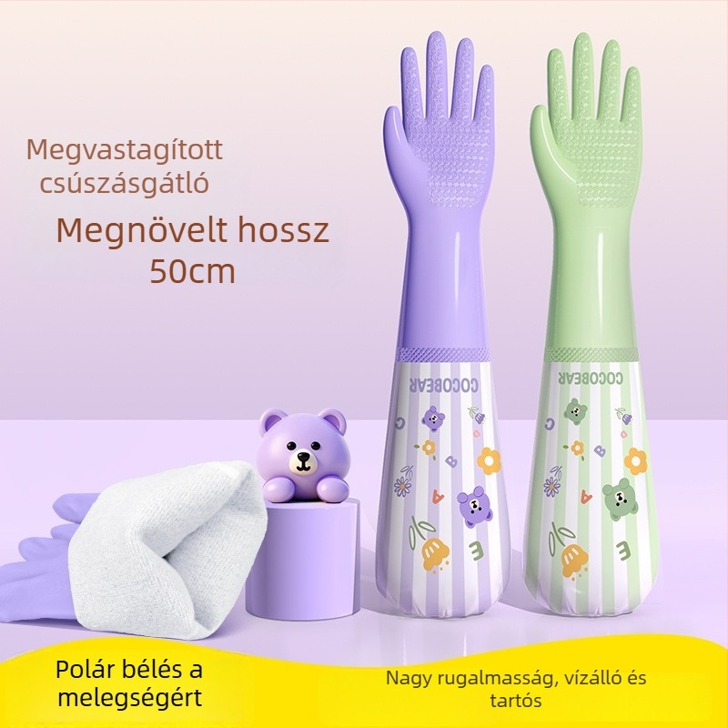 Női hosszú, vízálló gumikesztyűk mosogatáshoz és mosáshoz, fleece béléses, ősz–télre, vastagított kivitel.