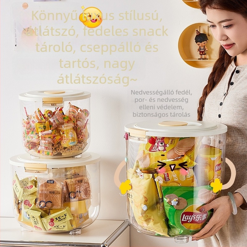 Átlátszó műanyag snack- és rizstároló edény, nedvesség- és porálló, többfunkciós