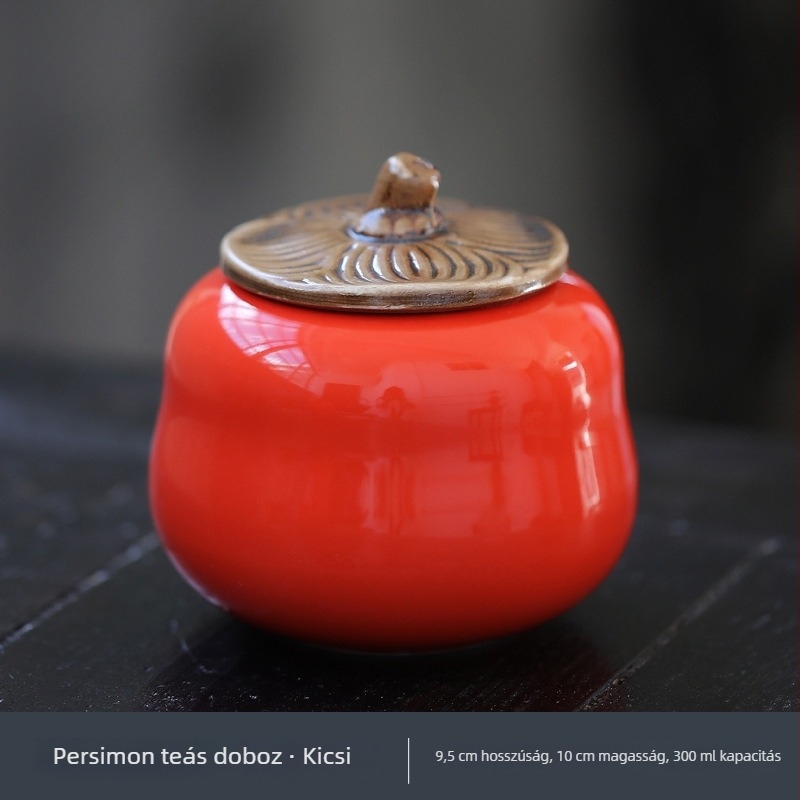Kerámiás teás doboz persimmon formában, légmentesen záró tetővel, tárolóedény, dekoratív