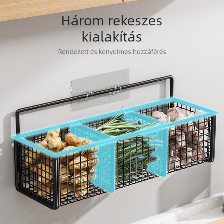 Fali, fúrás nélküli konyhai tároló állvány hagyma, gyömbér és fokhagyma számára, lógatható kosárral