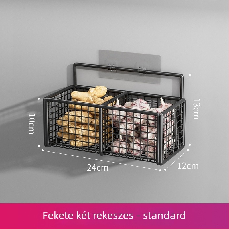 Fali, fúrás nélküli konyhai tároló állvány hagyma, gyömbér és fokhagyma számára, lógatható kosárral