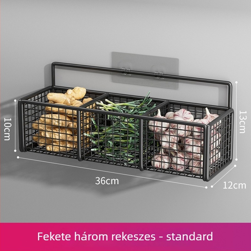 Fali, fúrás nélküli konyhai tároló állvány hagyma, gyömbér és fokhagyma számára, lógatható kosárral