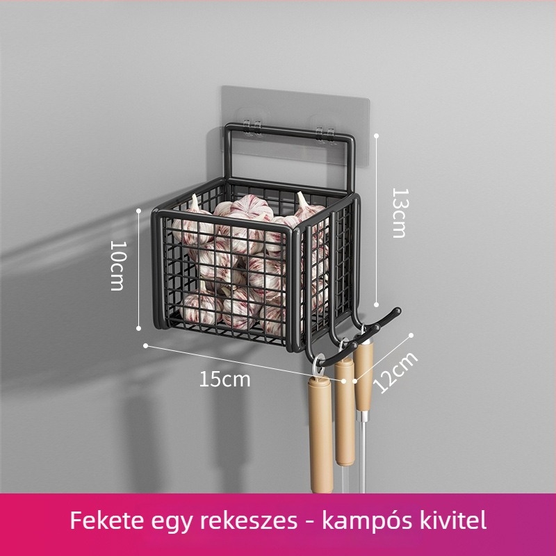 Fali, fúrás nélküli konyhai tároló állvány hagyma, gyömbér és fokhagyma számára, lógatható kosárral