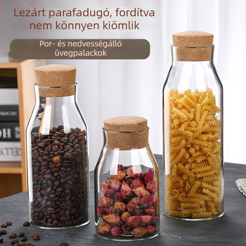 Magas boroszilikát-üveg tároló parafadugóval, kerek formájú teához és gabonához, 501–800 ml