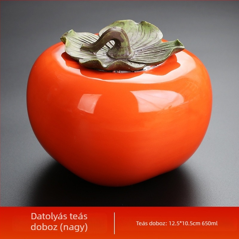 Kerámiás teás tároló persimmon mintával, zárható, ajándékdoboza készlet, nagy, közepes és kis méretben