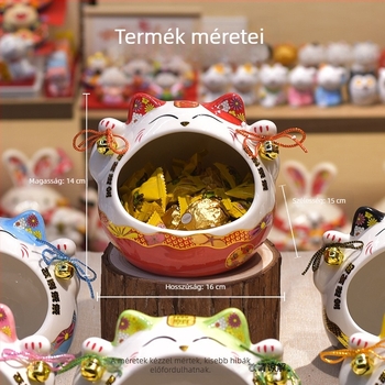 Maneki Neko kerámia dekorfigura, édességtartó üveg, kulcs- és kozmetikai tárolóval, modern minimalist stílusban