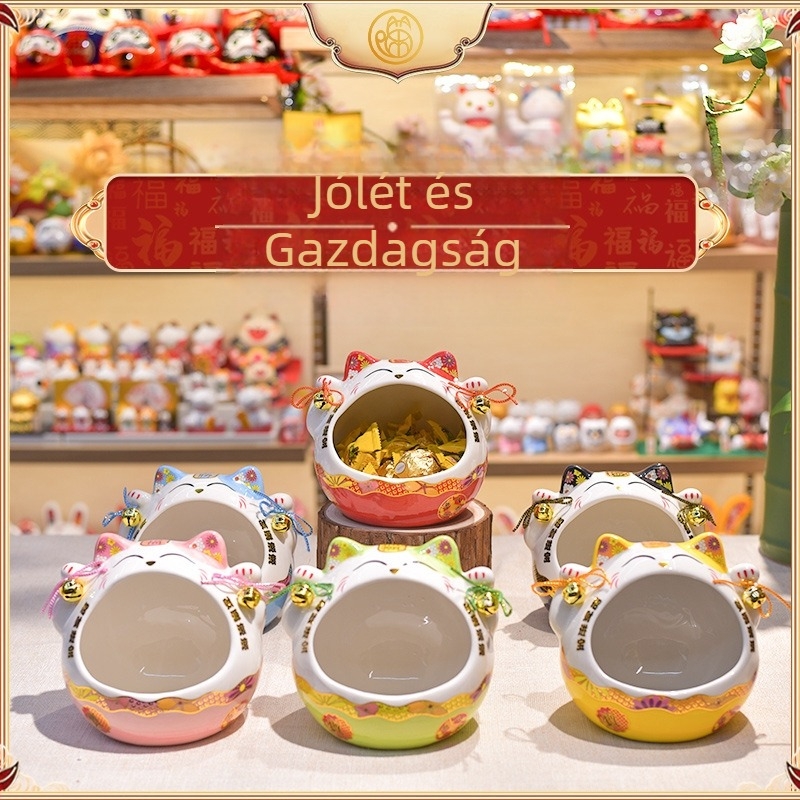 Maneki Neko kerámia dekorfigura, édességtartó üveg, kulcs- és kozmetikai tárolóval, modern minimalist stílusban