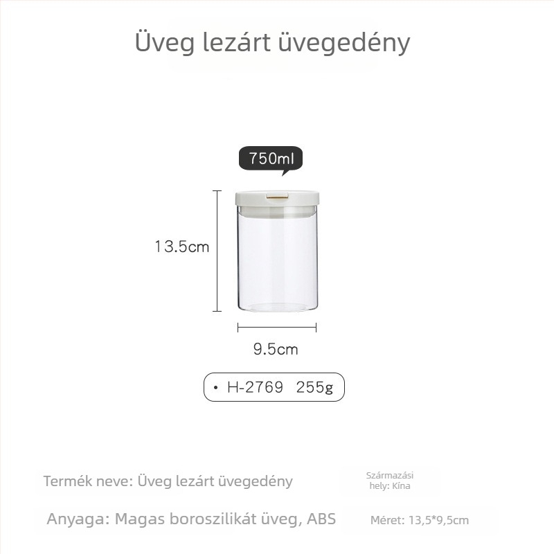 Boroszilikát üvegből készült zárható tárolóedény gabonák és tea számára