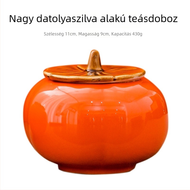 Nagy méretű kerámia zárható teás tartó és esküvői édesség tartó, persimmon színű glazúrral