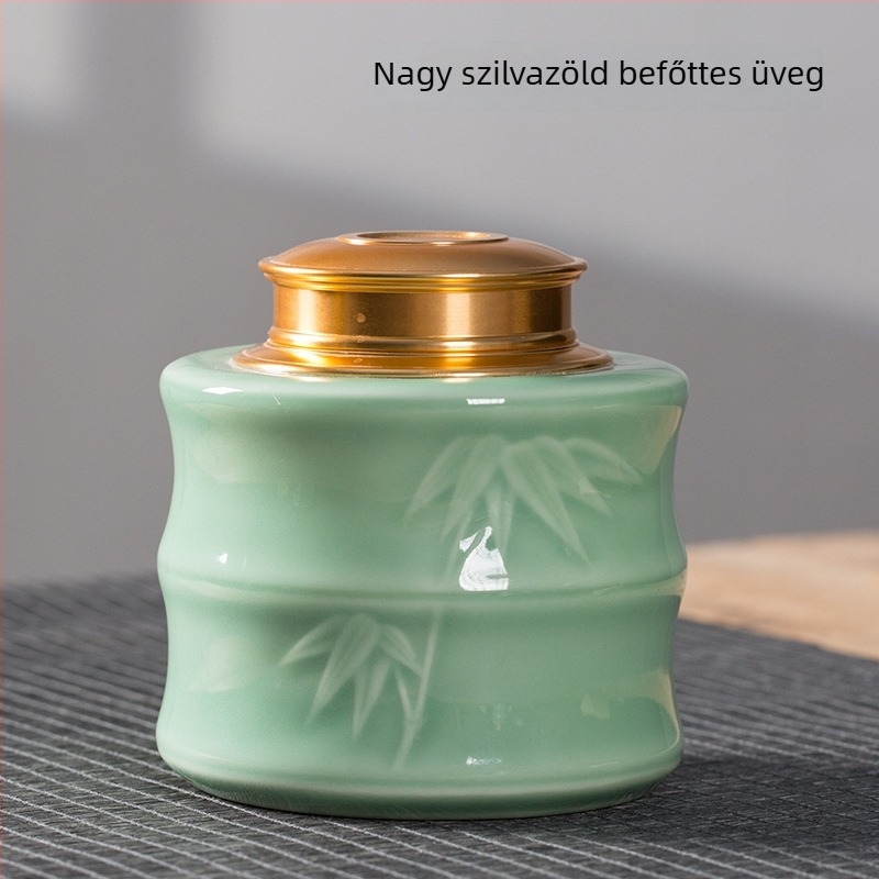 Pu'er teás doboz kerámia Celadon felülettel, fémlapos fedéllel, hermetikus teás tároló, nagy és közepes méretben
