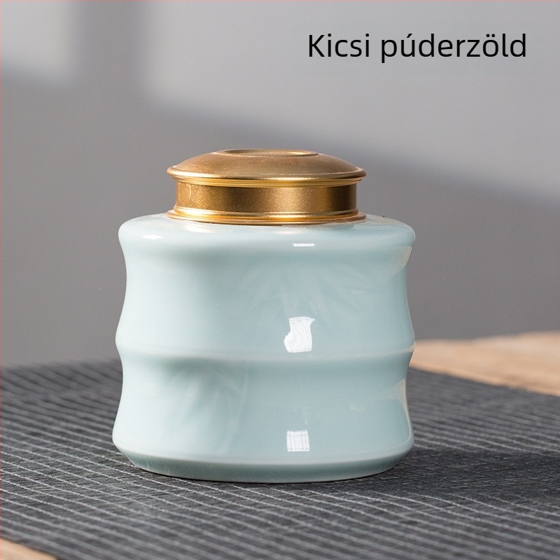 Pu'er teás doboz kerámia Celadon felülettel, fémlapos fedéllel, hermetikus teás tároló, nagy és közepes méretben
