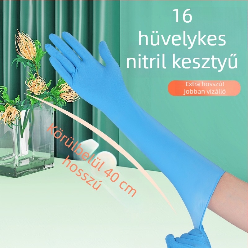 Nitril kesztyűk, 16 hüvelykes, egyszer használatos, kopásálló, vízálló, meghosszabbított és megvastagodott, tartós munkához