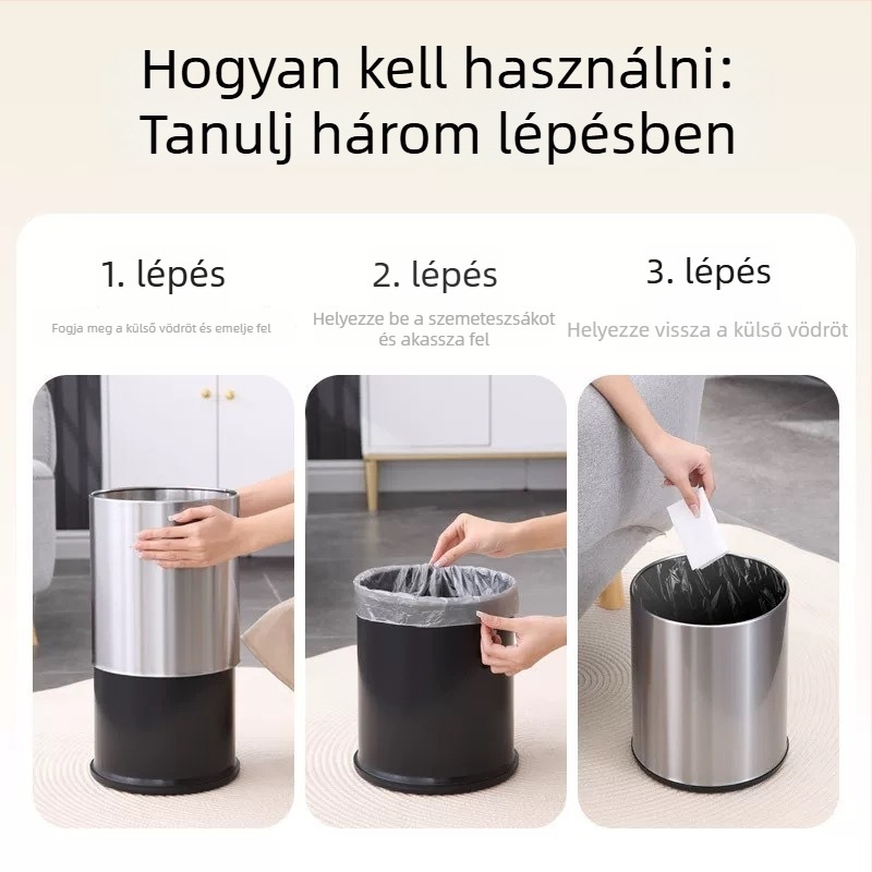 Vasból készült szemetes, 10 literes kapacitás, fedél nélküli, hordó formájú, otthoni használatra: nappali, konyha, iroda, fürdőszoba.